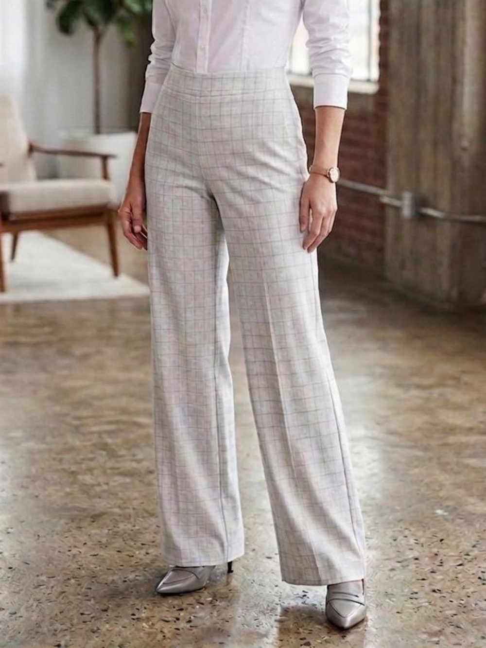 Jones New York Light Gray Plaid Wide-Leg Pants